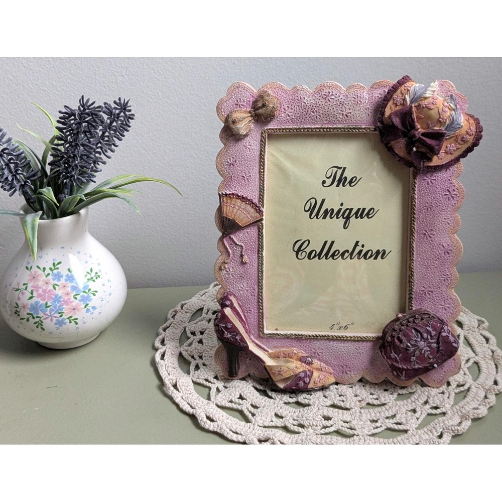 Coquette 4x6 Picture Frame Pink Victorian Hat Shoe Purse Bow Boudoir Decor